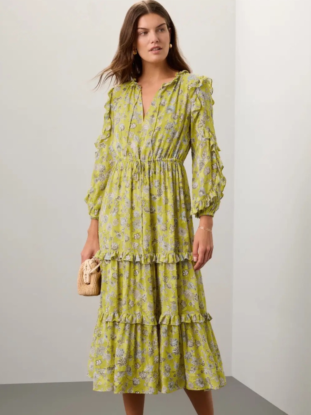 Alexis Auja Floral Print Crepe Midi Dress Lime Green Yellow Ruffle Size XL